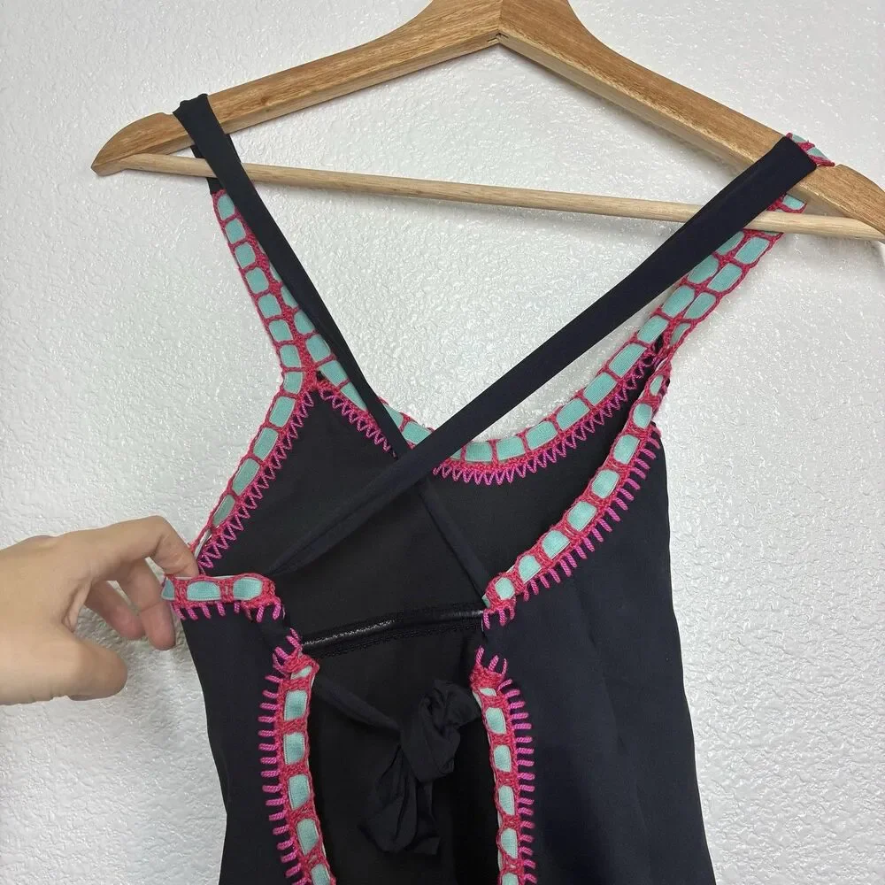 Platinum Swimwear One Piece Swimsuit Womens Small Black Crochet Trim Colorblock
